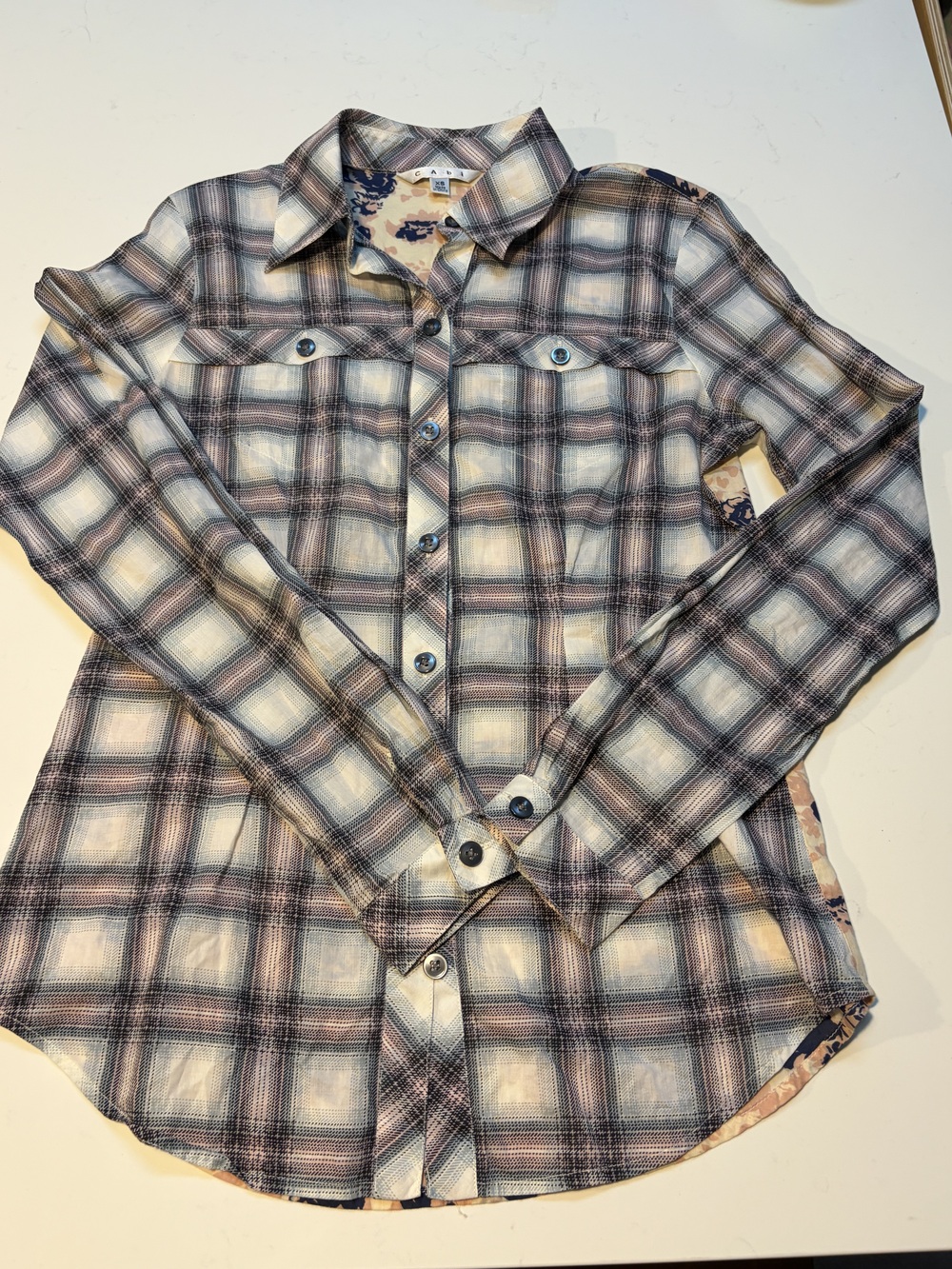 Cabi Festival Shirt Women's XS Plaid Floral Mixed Media Button Down Blouse 233